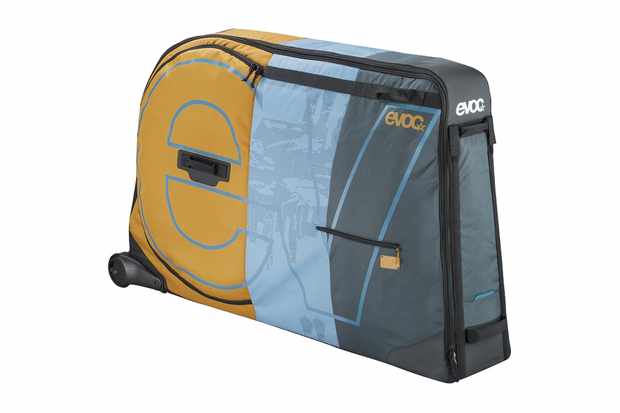 Image of a yellow, blue and grey bike travel bag on a white background